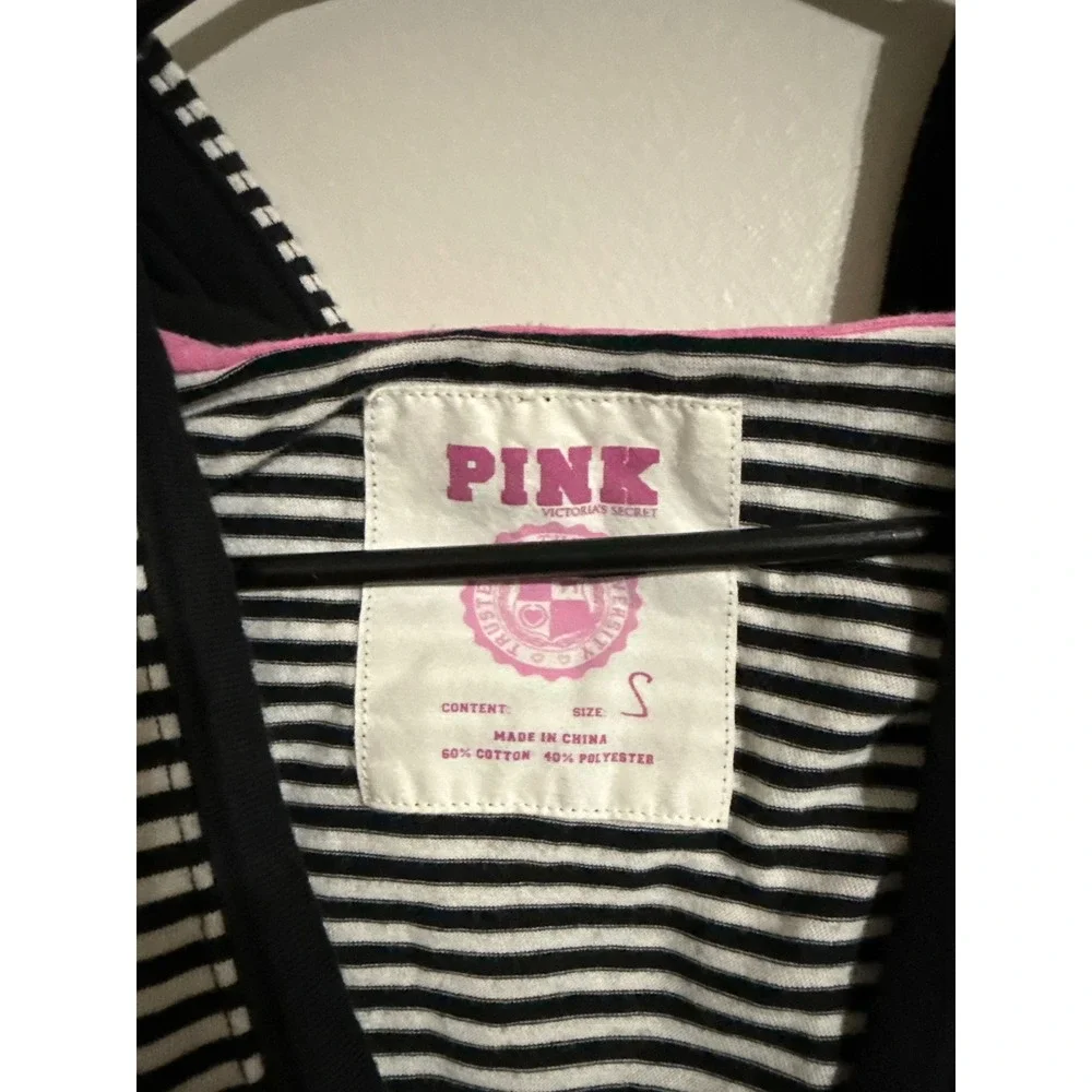 Victorias Secret PINK Striped Hooded Top Black White V-Neck Empire Waist Small - Picture 2 of 7